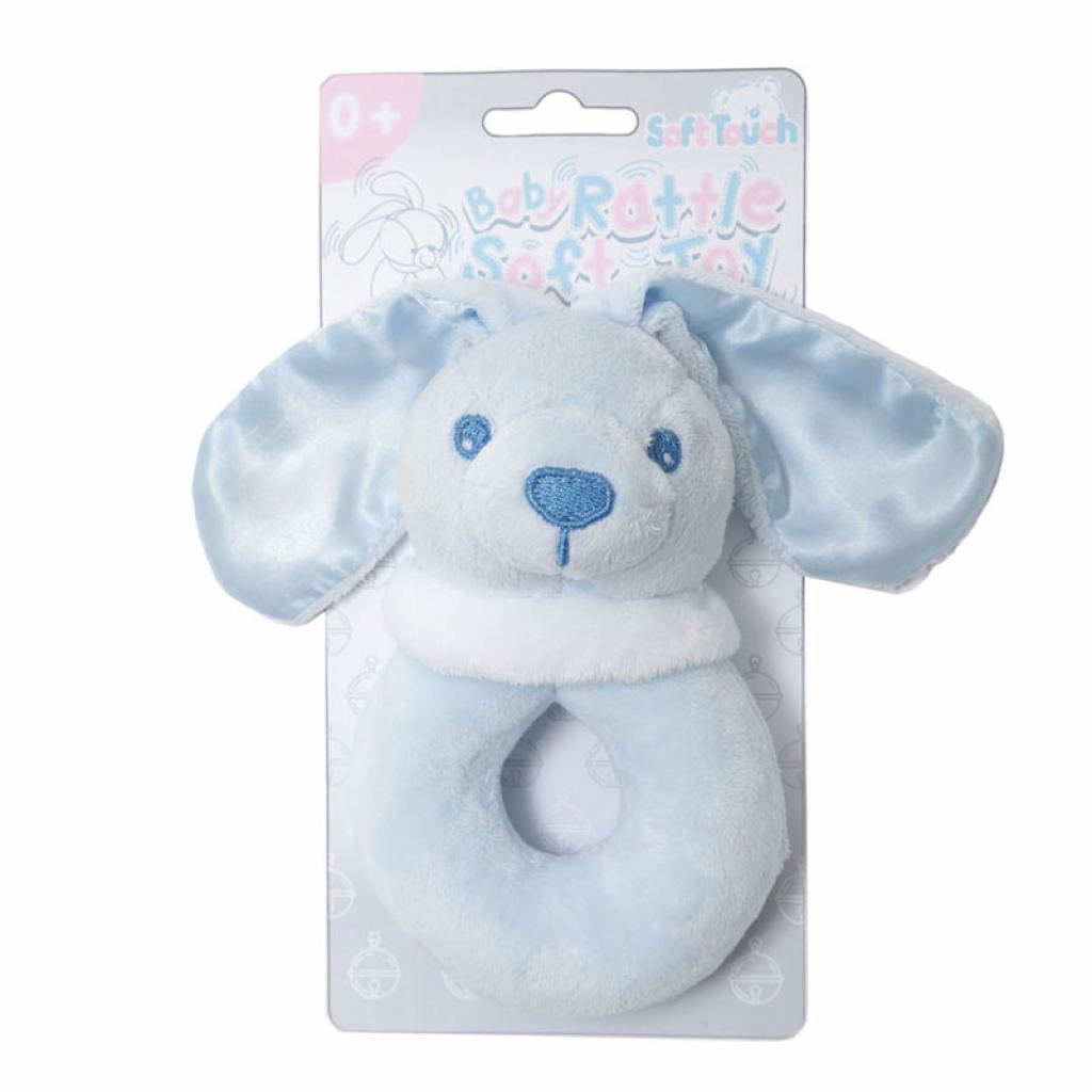 Blue bunny rattle toy in packaging on a white background