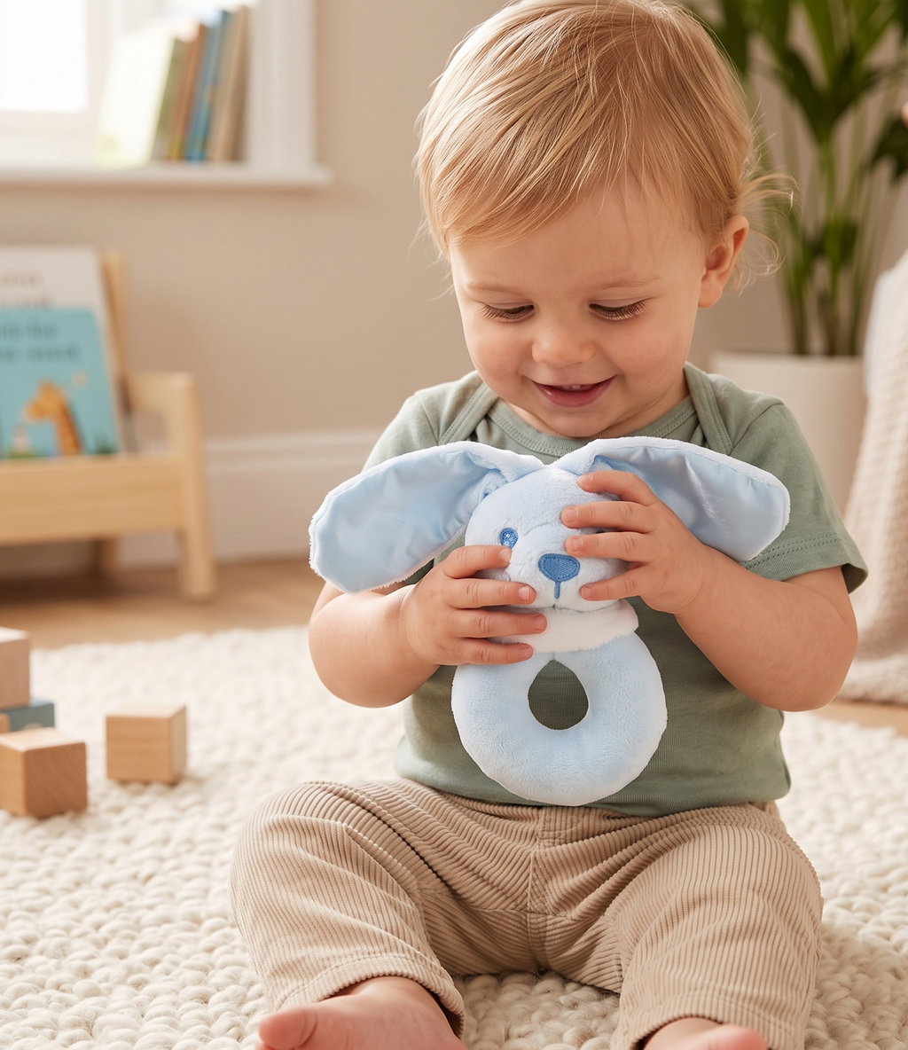 A toddler sitting on a cream rug in a bright room, holding a light blue plush bunny toy rattle with a U-shaped ring handle.