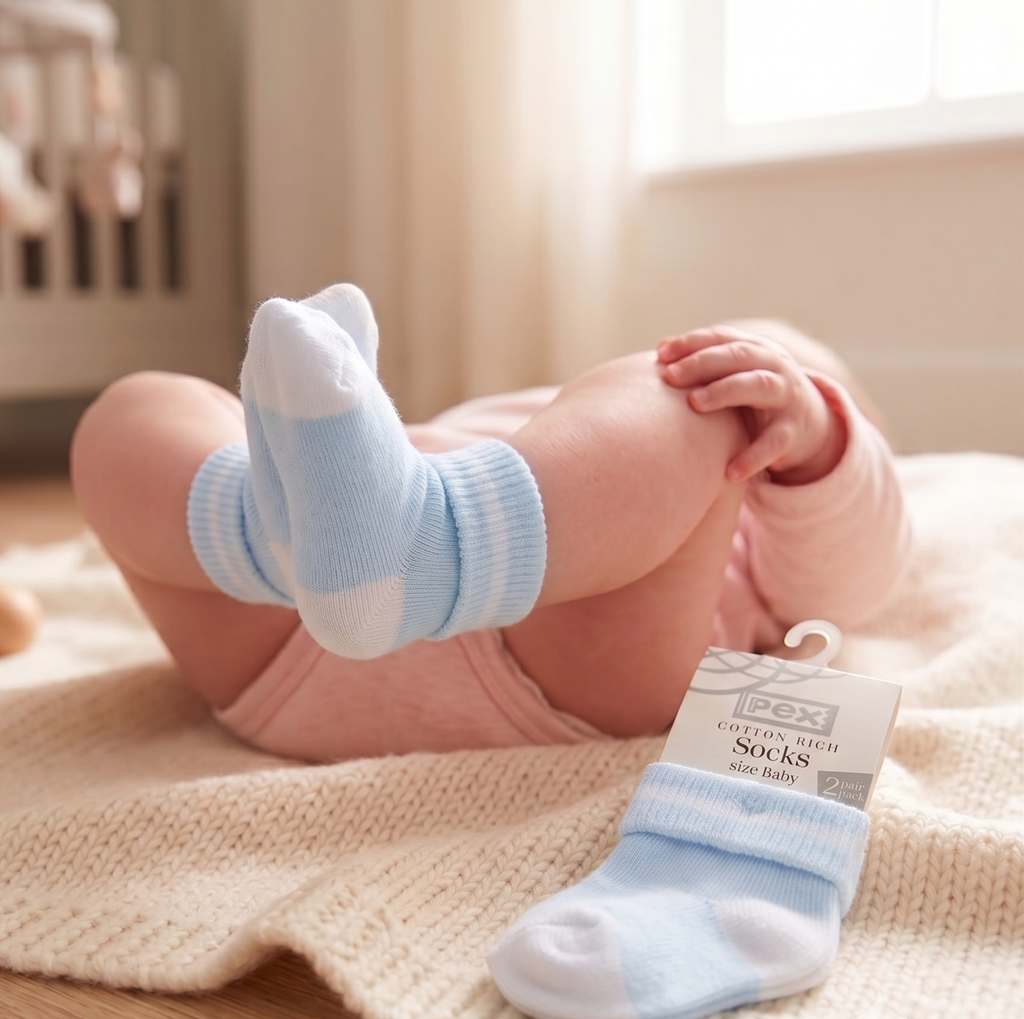 A baby lying on a cream knit blanket in a softly lit room, wearing light blue and white striped socks. A packaged pair of the same socks sits nearby on the blanket, with the package text partially visible.