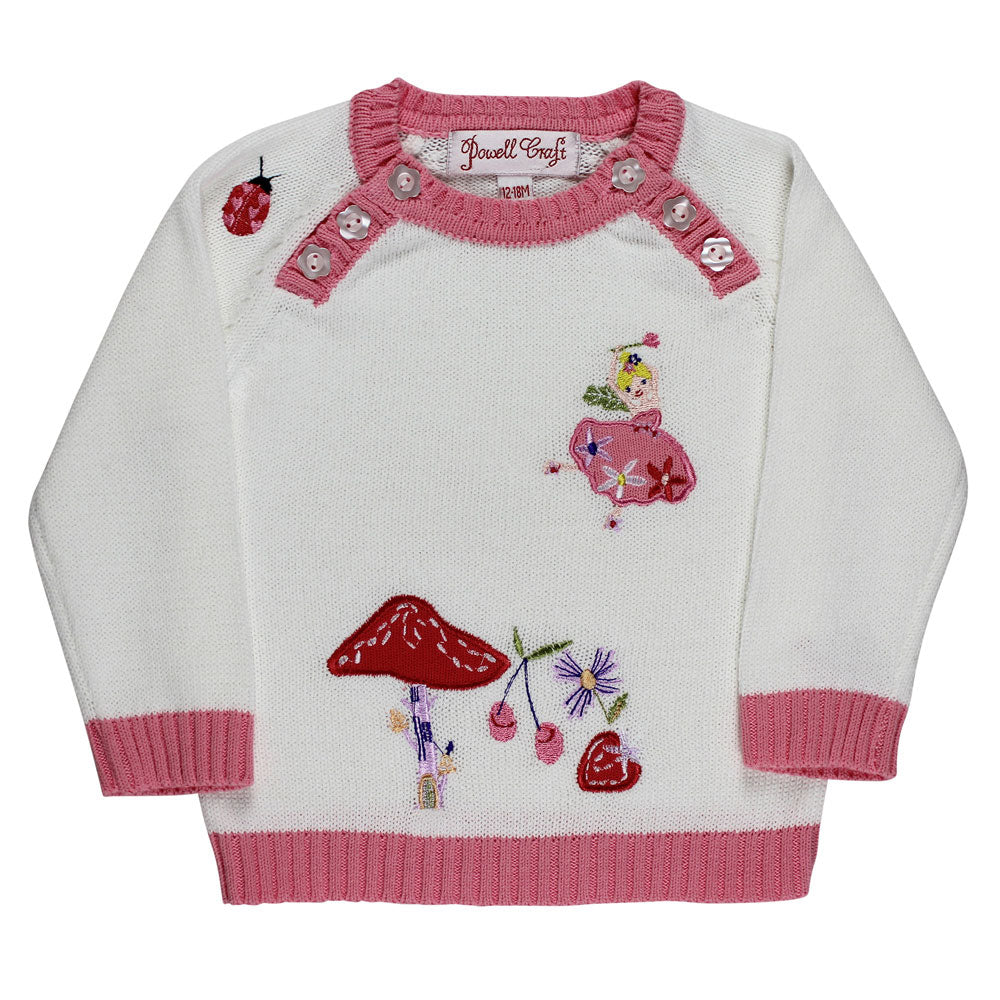 Fairy Knitted Jumper flat lay showing embroidered motifs