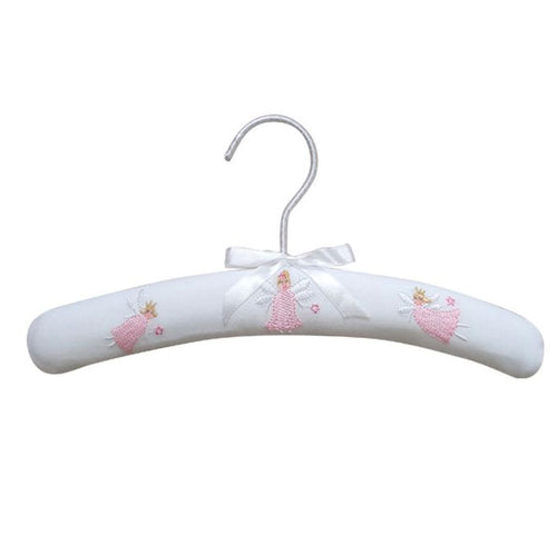 Fairy Coat Hanger – white satin padded hanger with pink fairy embroidery and satin bow