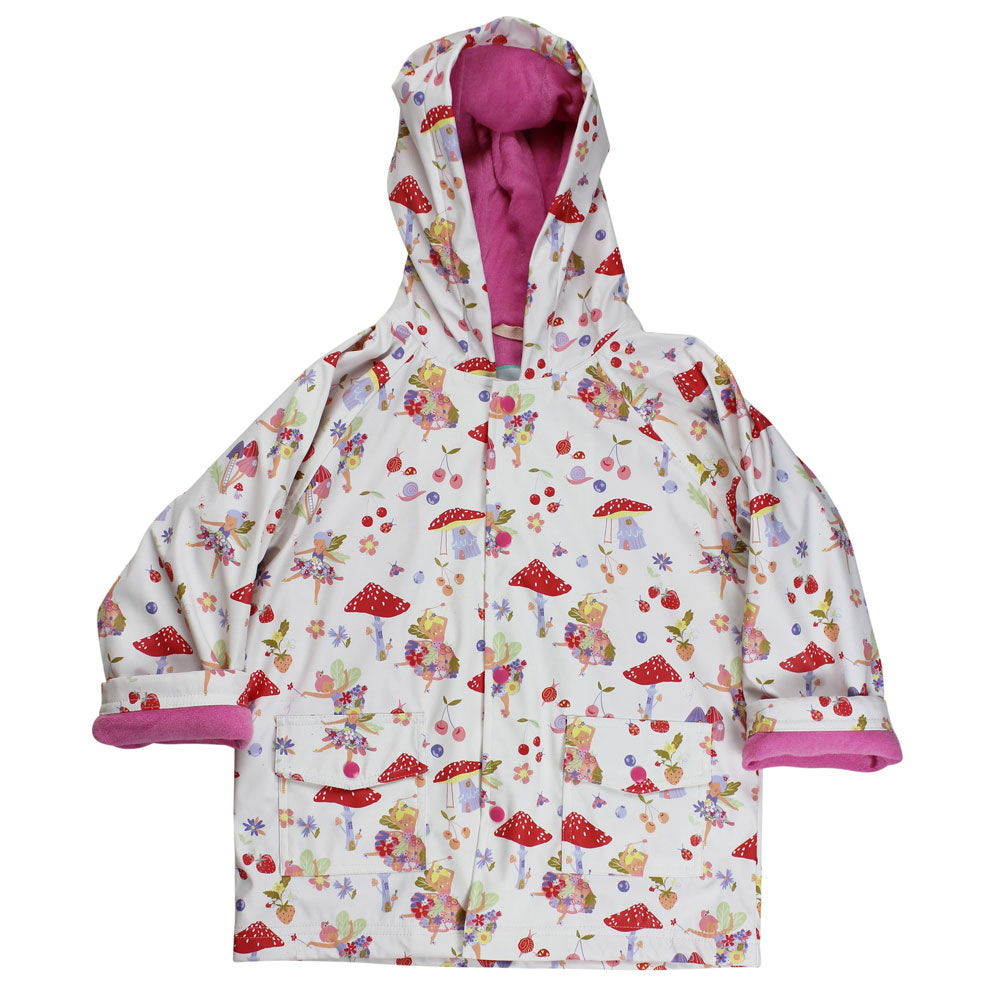 Fairy Print Raincoat – flat lay showing full whimsical print with pink fleece lining