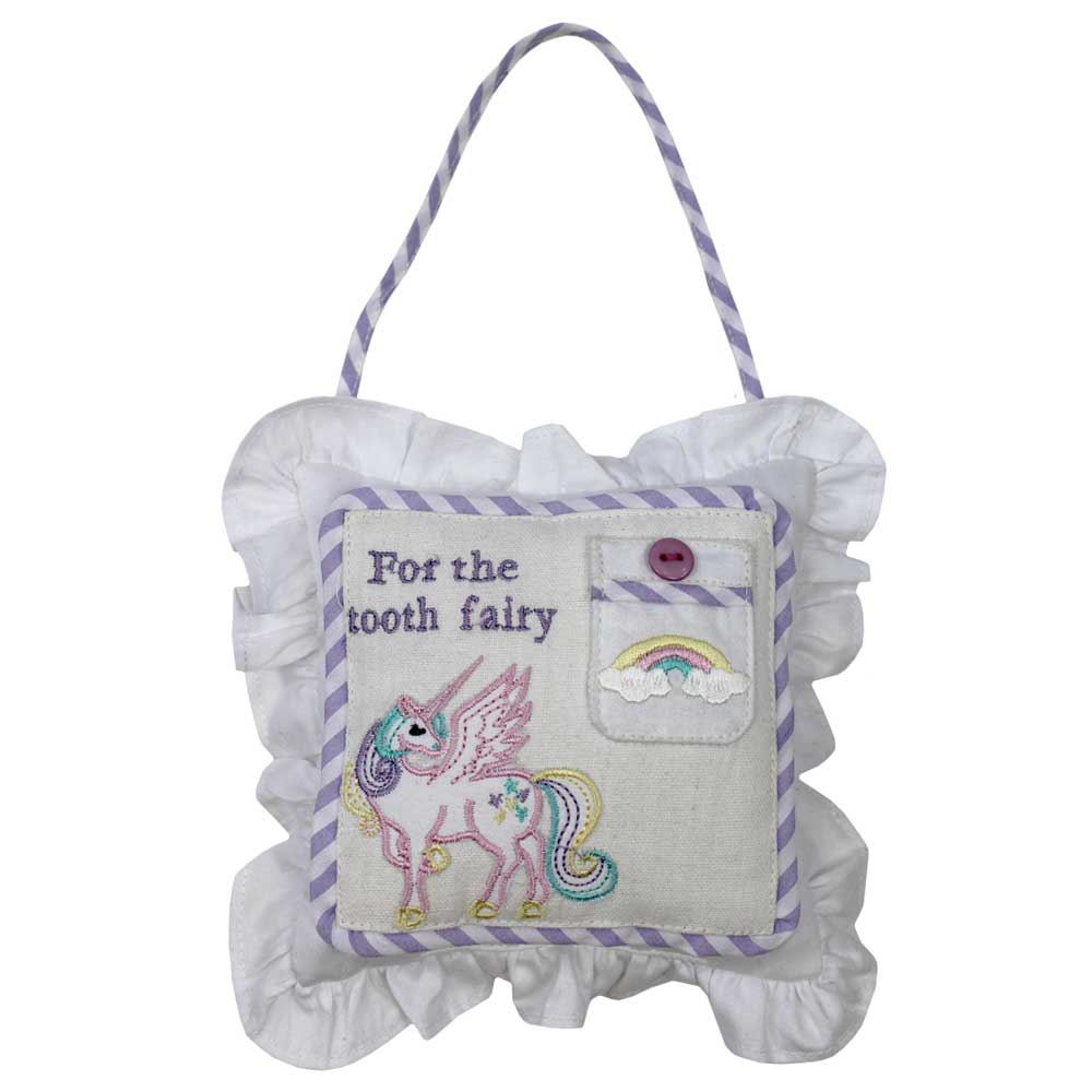 Unicorn Tooth Fairy Cushion – white ruffle cushion with embroidered unicorn and rainbow detail
