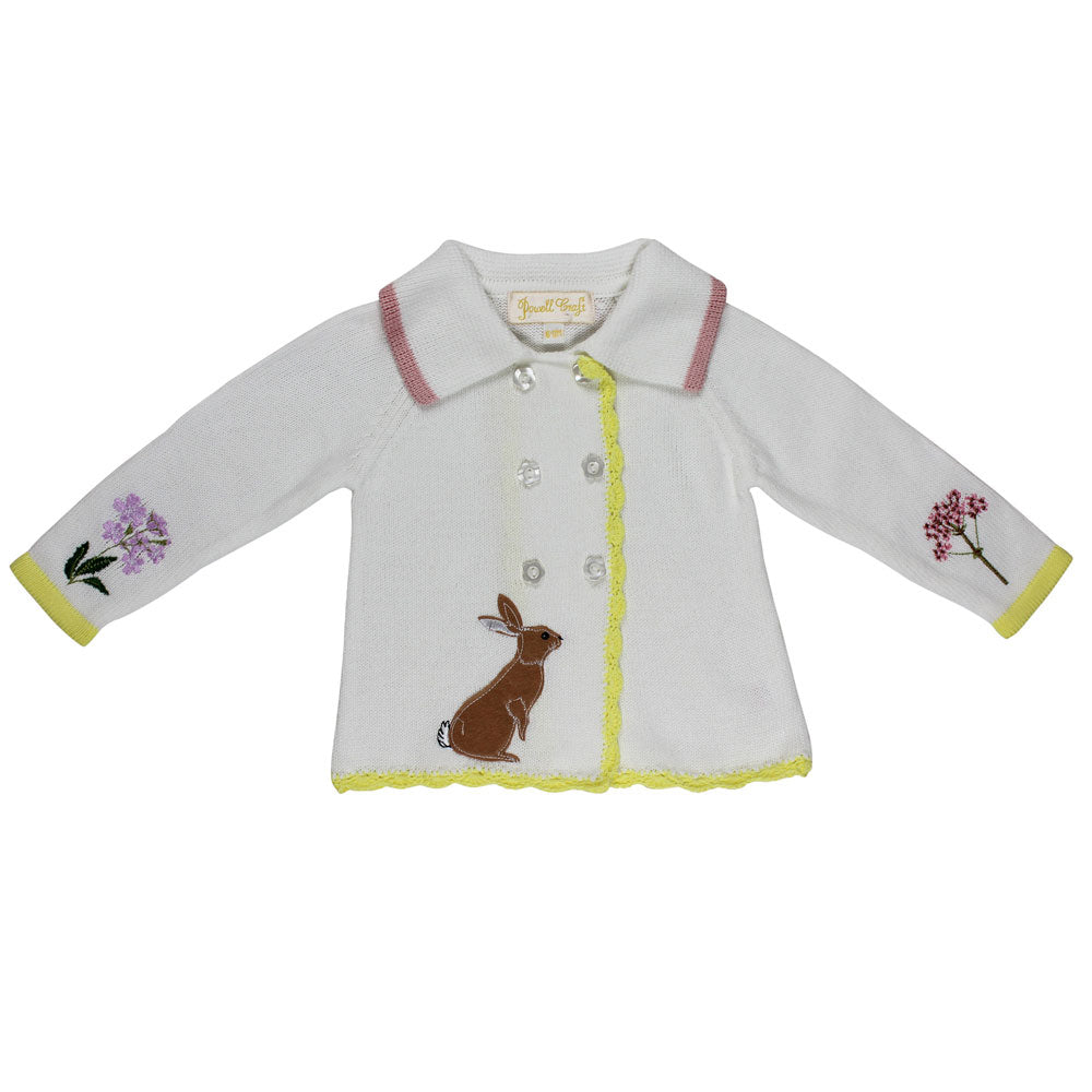 Meadow Knitted Pram Coat flat lay showing bunny appliqué and wildflower embroidery