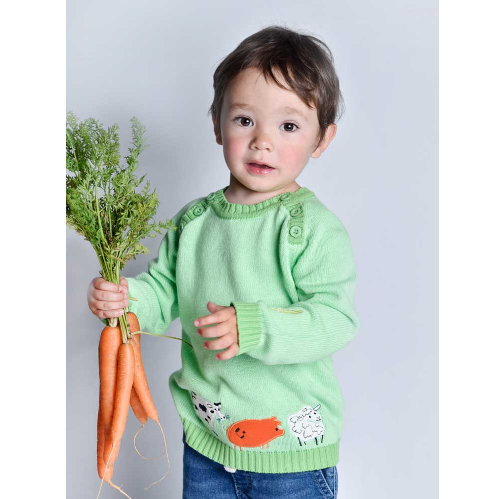 Baby wearing mint green Farmyard Knitted Jumper holding a bunch of carrots