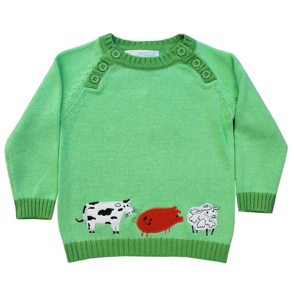 Farmyard Knitted Jumper flat lay on white background showing cow, pig, and sheep appliqué