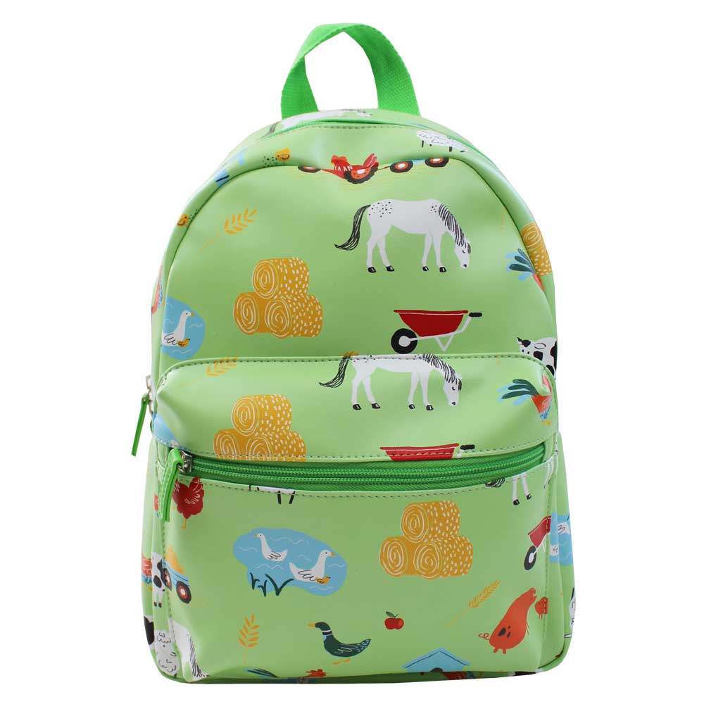 Farmyard Print Backpack on white background showing all-over farmyard animal print