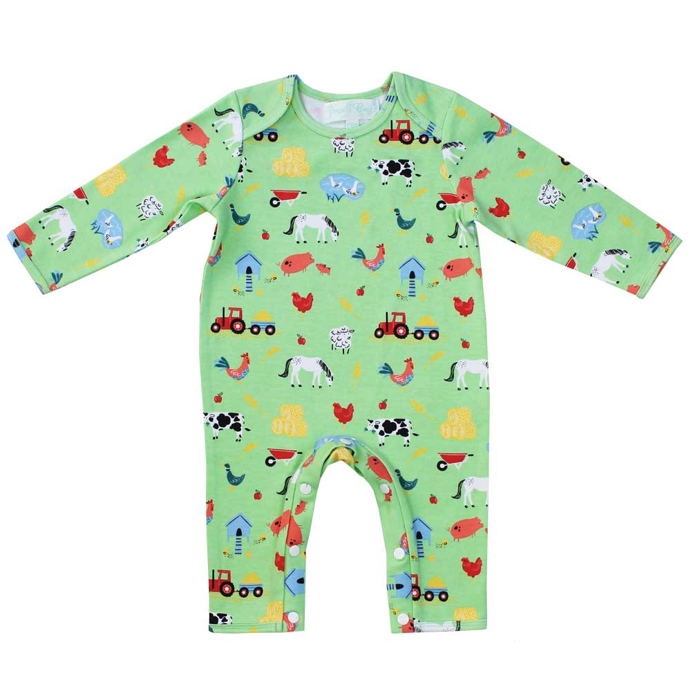 Farmyard Print Jumpsuit flat lay on white background showing all-over farmyard print