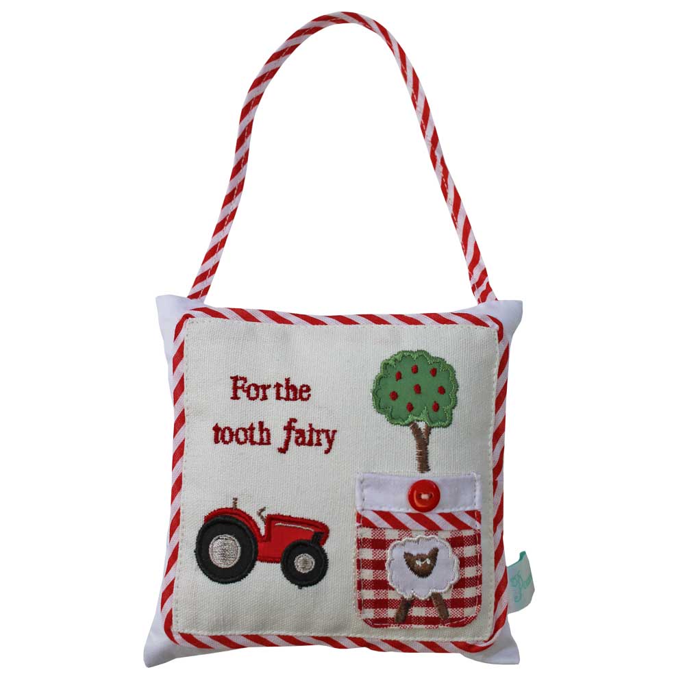 Tractor Tooth Fairy Cushion flat lay on white background showing embroidered tractor and tooth fairy text