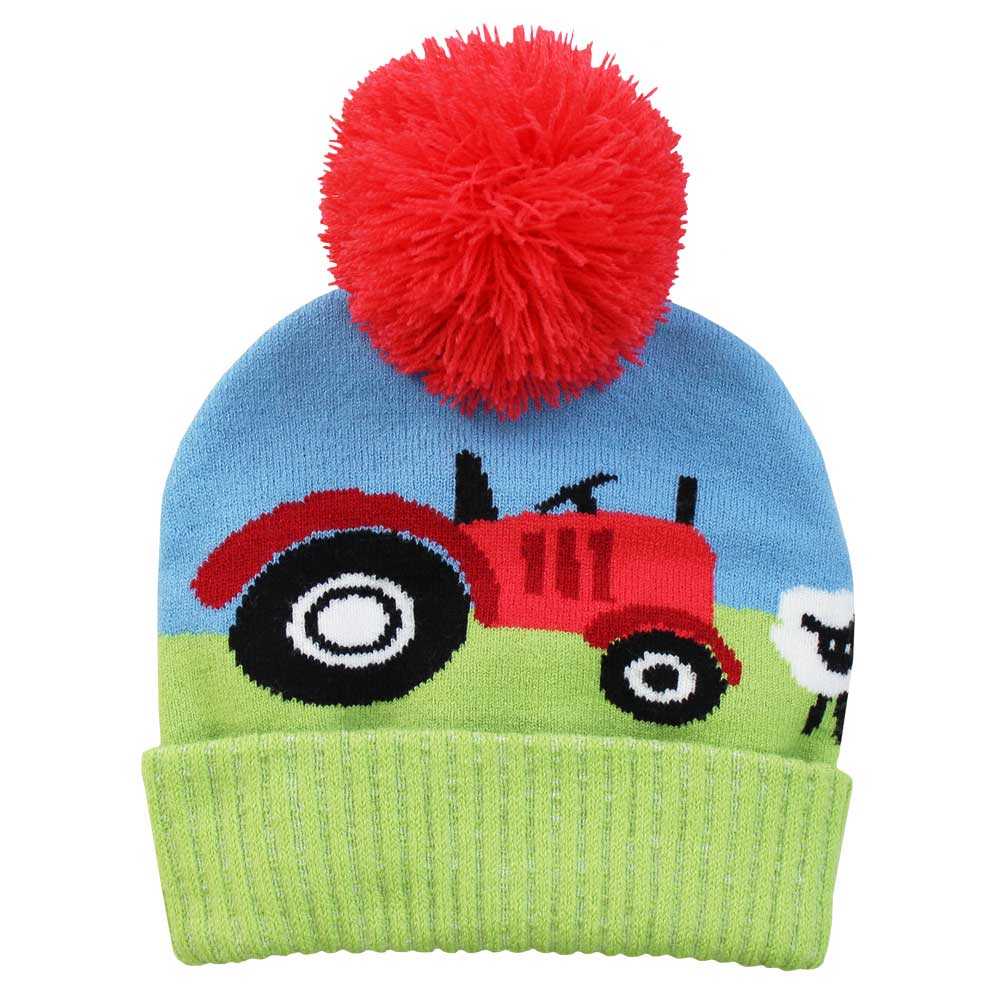 Tractor Hat flat lay on white background showing knitted tractor and farmyard scene with red pompom