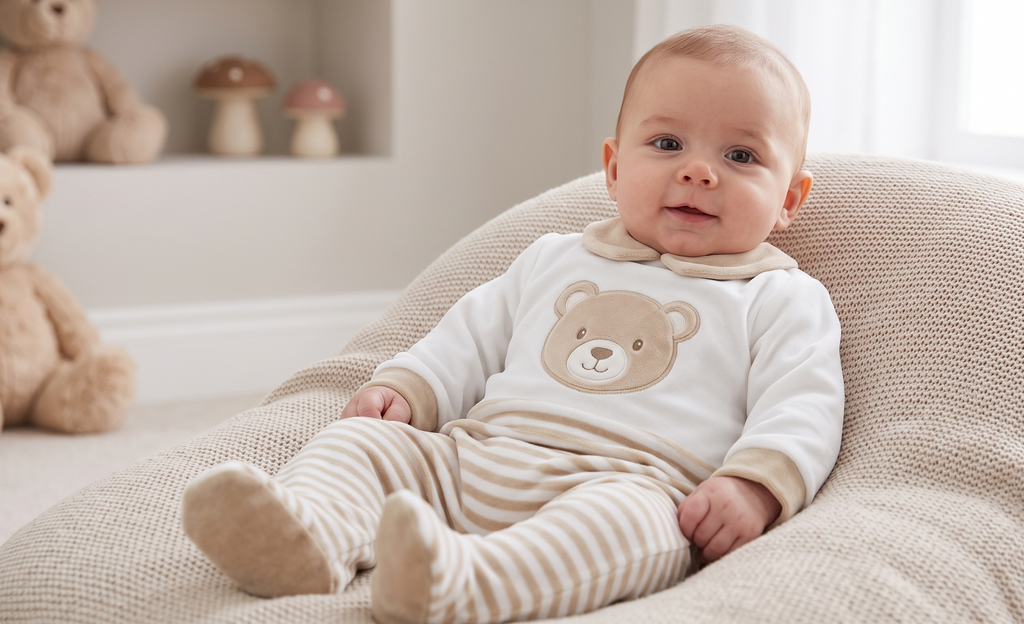 Embroidered Bear Striped Baby Sleepsuit