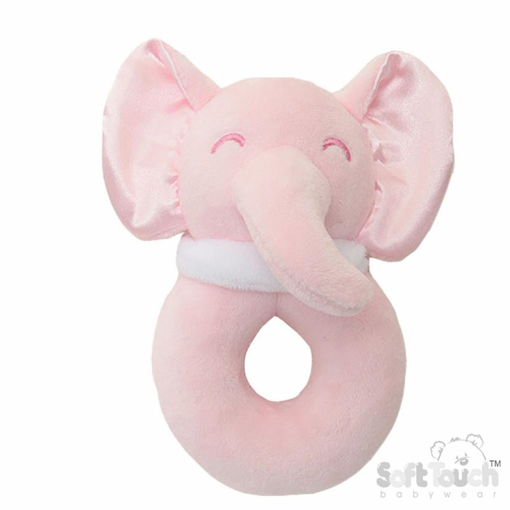 Pink elephant-shaped ring rattle on a white background