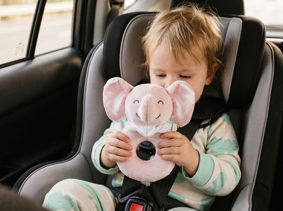A young child sitting in a car seat holding a pink plush elephant rattle toy. The child is wearing mint green and white patterned pajamas, and the car interior is visible in the background.