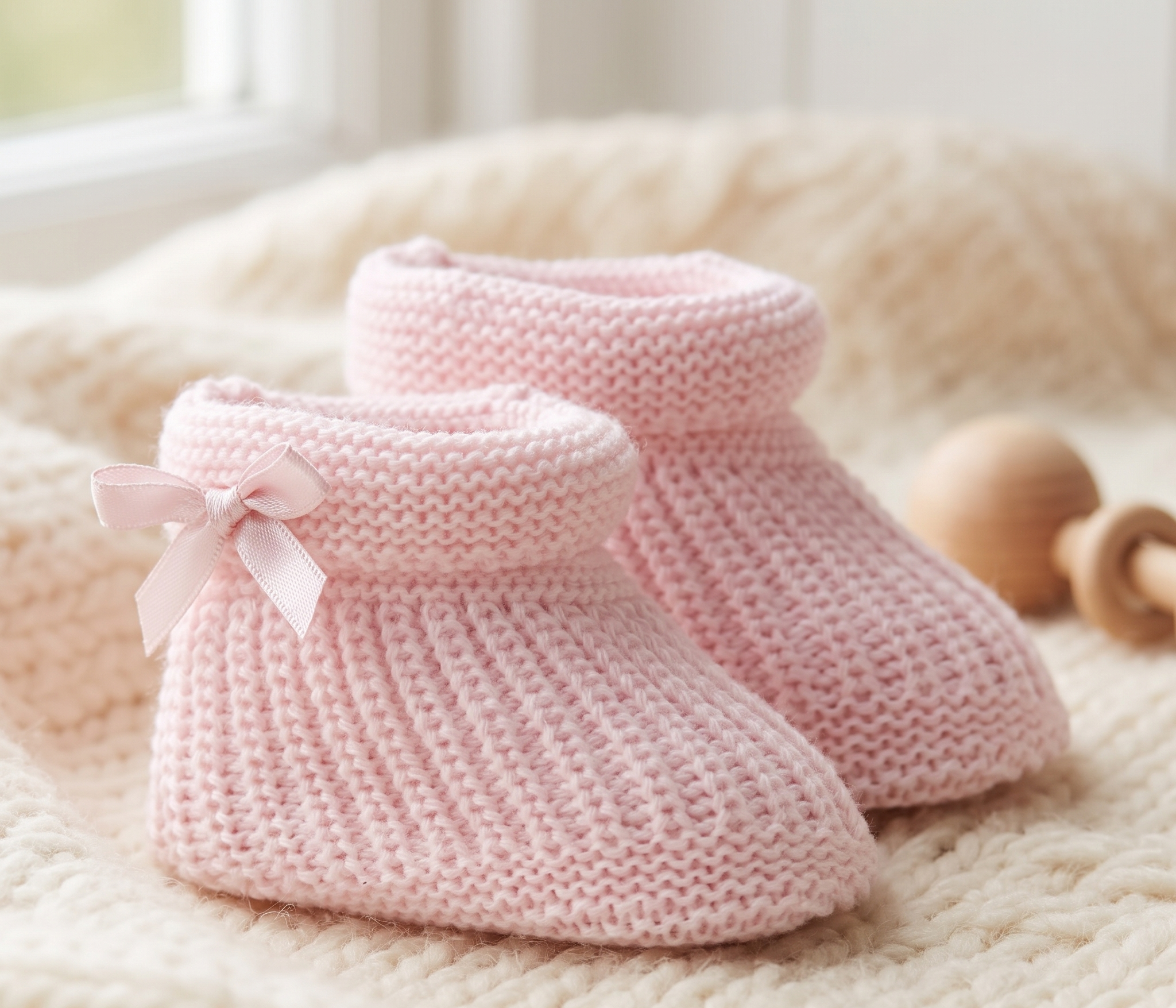 A pair of light pink hand-knit baby booties with a small matching pink bow on one bootie, displayed on a soft cream knit blanket.
