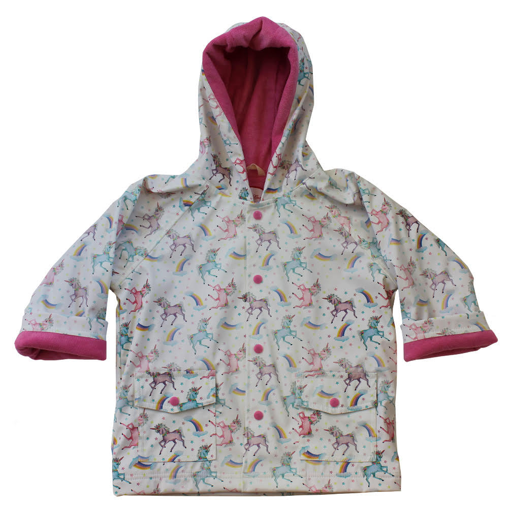 Unicorn Print Raincoat - cream with unicorn and rainbow print, pink fleece lining and pink snap buttons
