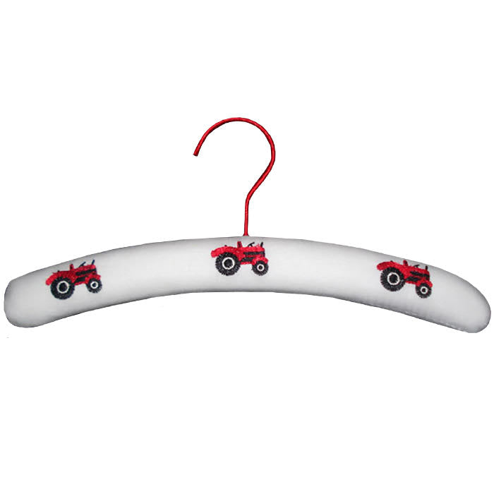 Tractor Coat Hanger - white padded hanger with red tractor embroidery and red metal hook